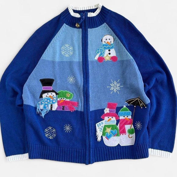 Tiara International Sweaters - Vintage Tiara International Blue Embroidered Christmas Snowman Zippered Cardigan